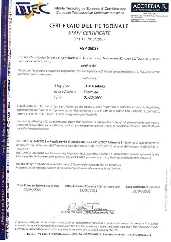 CERTIFICATO DEL PERSONALE STAFF CERTIFICATE